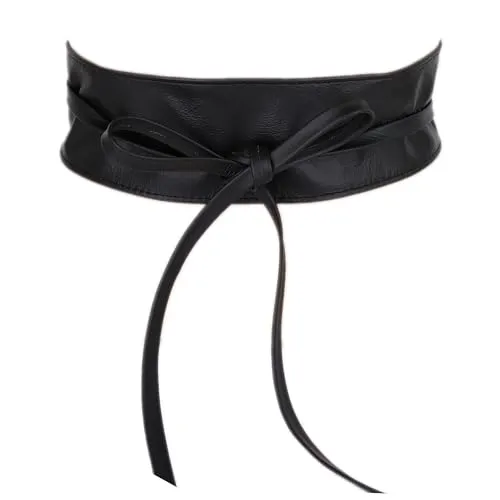 MIRROSI Taillengürtel Wickelgürtel aus Echtleder, Schleife mit breitem Bund (mit breitem Bund zum Wickeln (7cm Breit, 265cm lang) OBi Gürtel, Bindegürtel, Schnürgürtel, Wickelgürt (Schwarz)