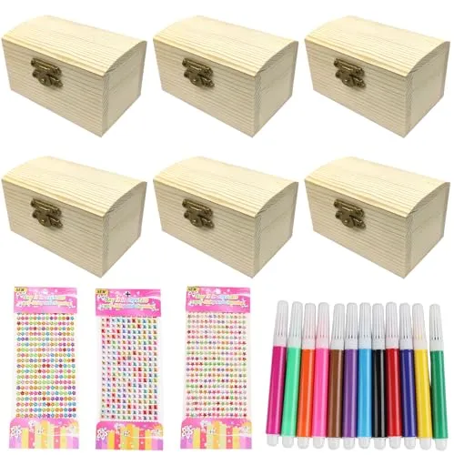Molbory 6 Stücke Mini Schatztruhe aus Holz, Schatzkiste kinder, Kindergeburtstag mit Deckel& 3 x Aufkleber& 12-Farben-Aquarellstift, Rechteckige Holzschatzkiste für Piratenparty Geburtstags DIY