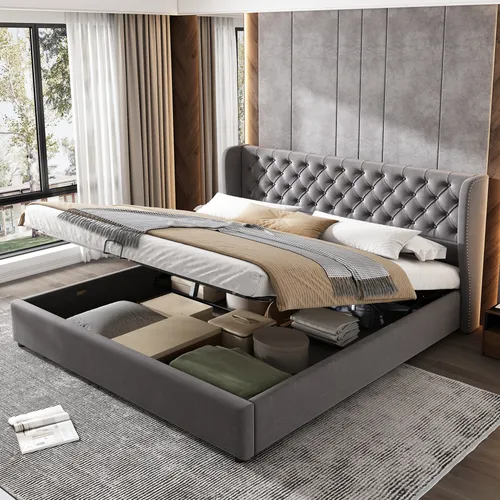 Polsterbett 160x200 cm mit Lattenrost und Bettkasten - Grau - Elegantes Polsterbett mit praktischem Bettkasten und Lattenrost. Hochwertiger Samtbezug, modernes Design und hohe Stabilität für optimalen Komfort im Schlafzimmer.