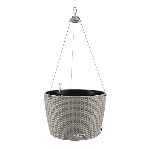 LECHUZA® Kunststoff-Hängeampel Nido Cottage, rund 36,3 cm - Garten-Zubehör mit witterungsbeständigem Polyrattan und großem Wasserspeicher für optimale Pflanzenpflege, ideal für drinnen und draußen.