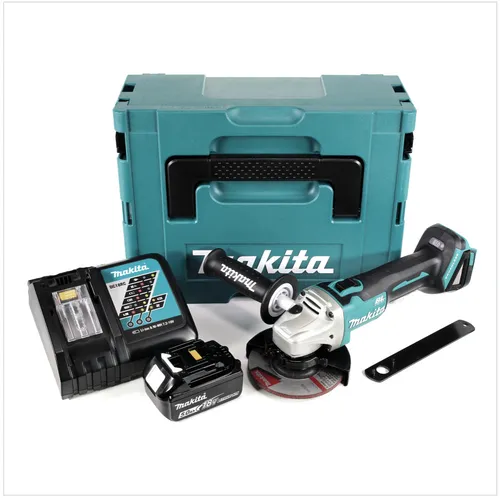 Makita DGA 504 RT1J Akku Winkelschleifer 18V - Schleifmaschinen, leistungsstarker 125mm Brushless Akku Winkelschleifer mit 1x 5,0Ah Akku und Ladegerät, ideal für professionelle Anwendungen.