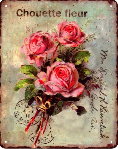 Blechschild Chouette fleur Rosen Deko Schild Aufschrift Dekoration Druck 20 x 25