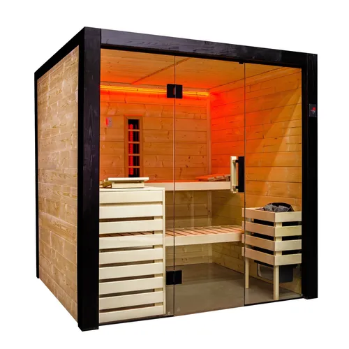 Harvia Family Infra Large Sauna-Set mit Infrarotstrahler - Massivsauna für entspannende Momente, ausgestattet mit einem leistungsstarken Saunaofen und Infrarotstrahler für ein angenehmes Wohlfühlklima.