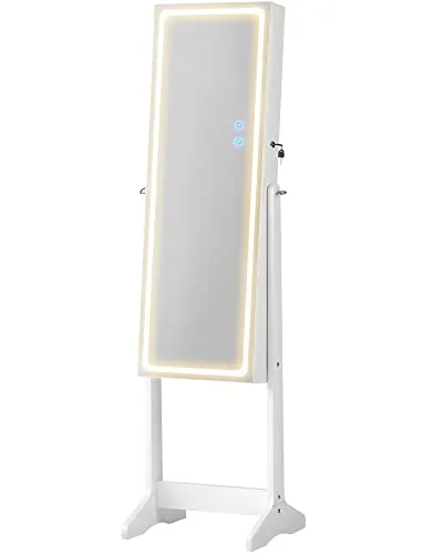 SONGMICS Schmuckschrank, Spiegelschrank, Schmuck-Organizer mit LED-Beleuchtung, einstellbare Farbe und Helligkeit, mit rahmenlosem Ganzkörperspiegel, Innenspiegel mit Beleuchtung, weiß JJC012W01