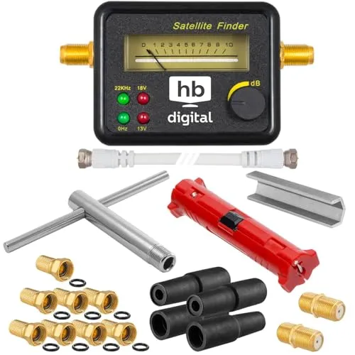 HB-DIGITAL XXL SAT Installationsset: Sat-Finder mit analoger Anzeige + Abisolierer + Montageschlüssel + Aufdrehhilfe + 8x F-Stecker vergoldet + 2x Verbinder + 4x Gummitülle Wetterschutz Werkzeugset