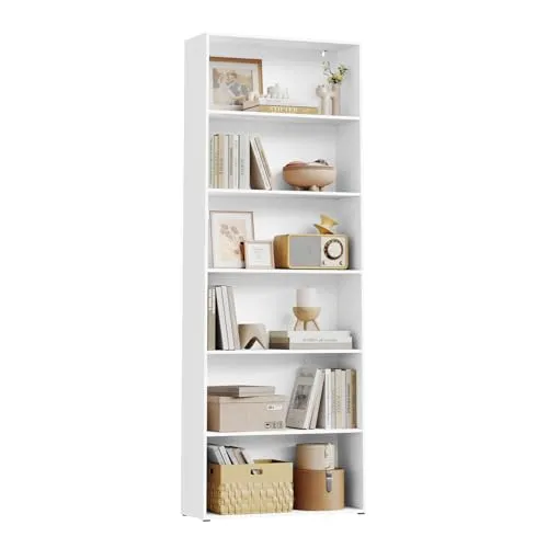 WOLTU Bücherregal, Regal mit 6 verstellbaren Ebenen, offenes Standregal, Raumteiler stehend, Aufbewahrungsregal für Wohnzimmer, Büro, Schlafzimmer, 60x180x23,5 cm, weiß，SK052ws