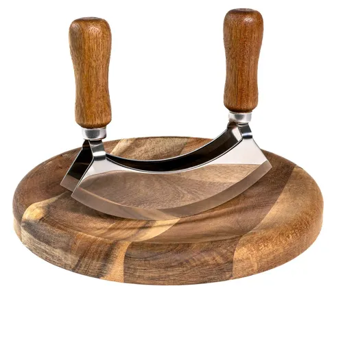 Intirilife Wiegemesser mit Schneidebrett - Wiegemesser aus Edelstahl mit 2 Klingen, ideal zum schnellen und präzisen Hacken von Kräutern und Gemüse für Ihre Küche.