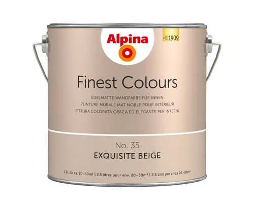 Alpina Wandfarbe Finest Colours edelmatt 2,5 Liter - No. 35 Exquisite Beige - Edelmatte Wandfarbe für Innenräume, sehr gute Farbbeständigkeit und frei von Löse- und Konservierungsmitteln. Ergiebigkeit: 10 m² pro Liter.