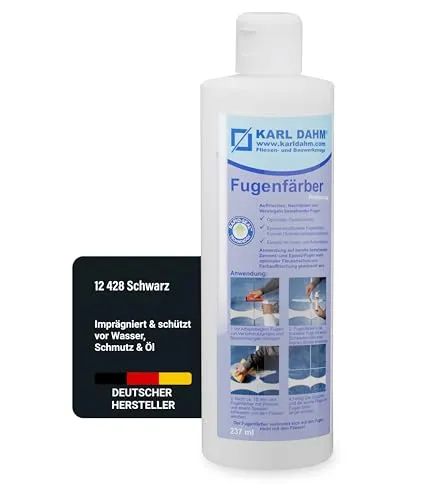 Karl Dahm® Fugenfärber Schwarz 237 ml – Hochwertige Fugenfarbe für Innen & Außen - Klebemittel & Dichtstoffe, wasser- und schmutzabweisend, ideal für die Renovierung von Badezimmern und Küchen mit einfacher Anwendung und hoher Ergiebigkeit.