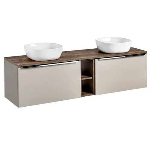 Lomadox Badmöbel Waschtisch-Unterschrank Set 180cm, Taupe mit Vintage Oak Eiche - Waschplätze mit 2 hochwertigen Keramik-Waschbecken und Softclose-Schubkästen, ideal für ein stilvolles Badezimmer, feuchtigkeitsresistente Oberflächen sorgen für Langlebigkeit.