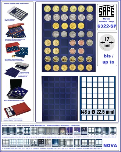 SAFE Münztableaus 6322-SP blaue Velourseinlagen 48 eckige Fächer 22-23 mm