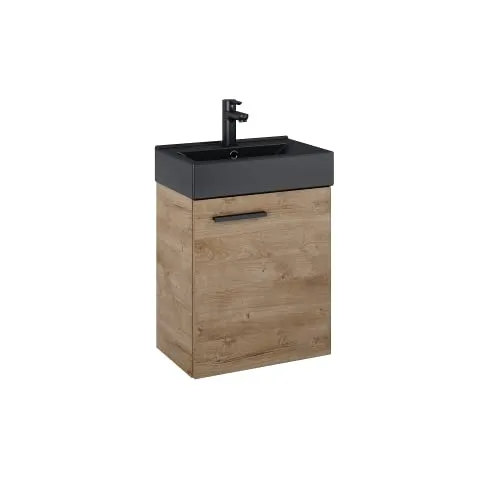VBChome Badmöbel Set 45 cm Schwarz Matt – Waschbecken mit Holzfarbener Hängeschrank, Badezimmerschrank mit Soft-Close Unterschrank Moderner 1-türiger Waschtisch Mattschwarze Keramikwaschbecken Elegant
