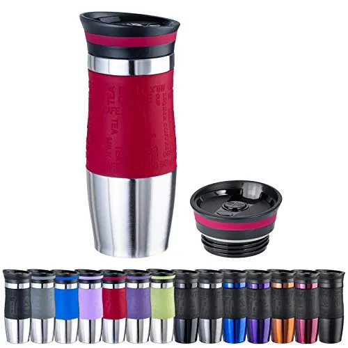 WELLGRO Thermobecher 400 ml + 1 Extradeckel - Edelstahl rostfrei - Silikon Soft-Touch Griffstück - BPA-frei - Isolierbecher doppelwandig - Travel Mug - Kaffeebecher to go, Farbe:Rot