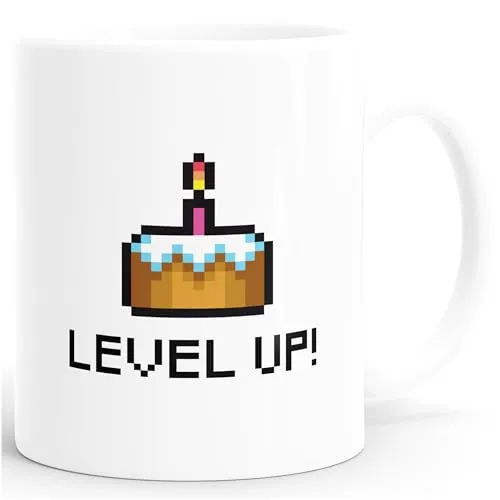 Kaffee-Tasse Geburtstag Level Up Pixel-Torte Retro Gamer Pixelgrafik Geschenk Arcade MoonWorks® weiß unisize