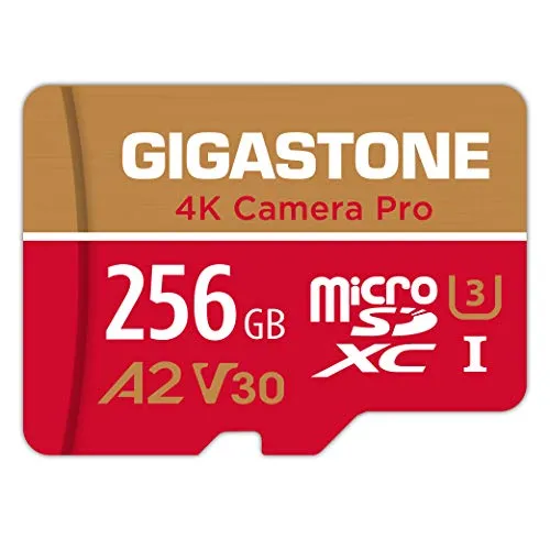 [5 Jahre kostenlose Datenrettung] GIGASTONE 256GB MicroSDXC Speicherkarte, 4K Kamera Pro, bis zu 100/60 MB/s, kompatibel mit GoPro Drohne Switch, A2 V30 U3 UHS-I Micro SD Karte + SD-Adapter