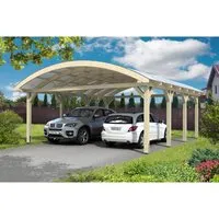 Skan Holz Bogendach-Carport Franken 635 cm x 755 cm - Doppelcarport aus imprägniertem Leimholz mit optimaler Stabilität, ideal für bis zu zwei Fahrzeuge. Witterungsbeständiges Dach aus 16 mm starken Doppelstegplatten sorgt für Licht und UV-Schutz.