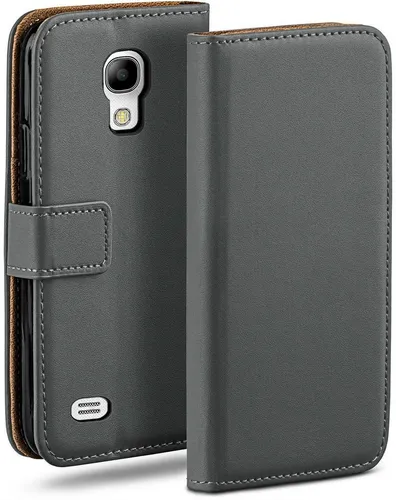 moex Handyhülle für Samsung Galaxy S4 Mini Hülle Klappbar Book Case Dunkelgrau 4,3 Zoll, Klapphülle Kartenfach Flip Cover Handytasche Leder Optik Schutzhülle