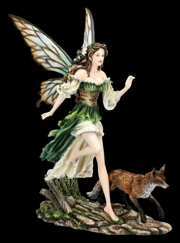 Elfenfigur - Waldelfe Aelwen mit Fuchs - Fantastische Dekoration - Handbemalte Elfenfigur aus Kunststein, Höhe 40,5 cm. Einzigartige Deko für jedes Zimmer, ideal für Fantasy-Liebhaber und eine magische Atmosphäre.
