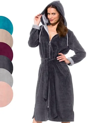 Morgenstern Bademantel Damen Reißverschluss Kapuze Grau L