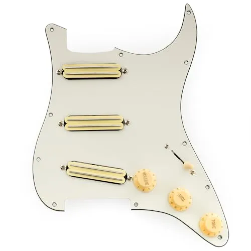 Musiclily Pro-SE ST-DPHC SSS Vorverdrahtetes Schlagbrett Pre-Wired Pickguard mit Keramik Mini Rail Humbucker für Strat Style E-Gitarre, 3-lagig Aged White
