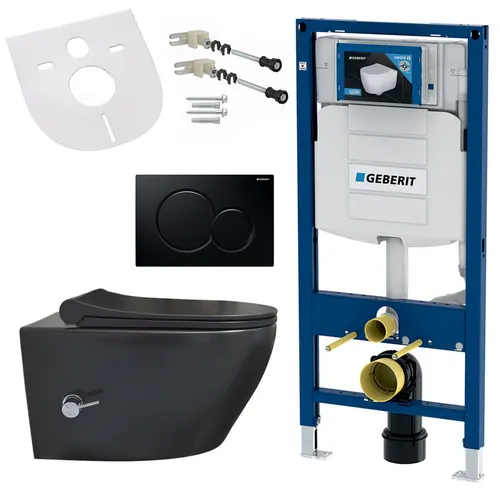 Hänge WC spülrandlos mit Geberit Vorwandelement Schwarz Matt - Elegantes spülrandloses WC-Set mit Soft-Close-Deckel und Vorwandelement für moderne Bäder. Hochwertige Verarbeitung in Schwarz Matt, ideal für stilvolles Wohnen.