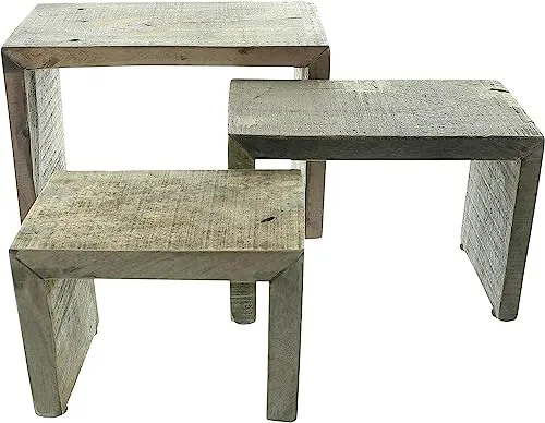 Dekoleidenschaft Dekobank Rustikal aus recyceltem Holz im Used Look, 3er Set Blumen-Hocker, Blumenständer, Pflanzenständer, Blumentopfständer, Blumentreppe