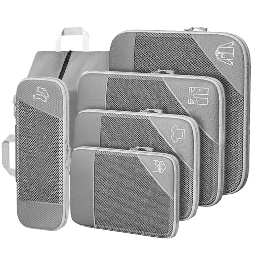 Grau Koffer Organizer Set, 6 Teilige Compression Packing Cubes, Kofferorganizer, Travel Organizer, Reise Organizer Set, Kompression Packwürfel Set für Koffer Rucksack Handgepäck