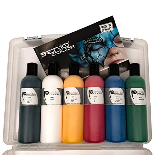 Senjo Color ® Airbrush Farben Set (Für Gesicht & Körper) Bodypainting Farben 5 x15ml oder 75ml Farben: Schwarz, Weiß, Rot, Gelb & Blau (6 x 250ml)