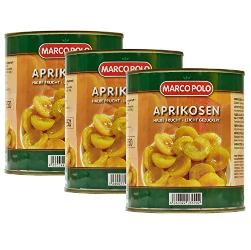 Food-United APRIKOSEN-HÄLFTEN leicht gezuckert 3x Füllmenge 820g ATG 480g eingelegte Obst-Konserve-Dose für Aprikosen-Konfitüre-Marmelade-Joghurt-Torten-Kuchen küchenfertig