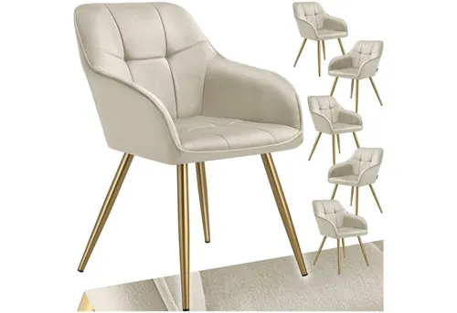 TecTake Stuhl Marilyn - 6er Set in creme/gold mit Samtoptik - Eleganter Esszimmerstuhl mit komfortabler Polsterung und stilvollem Steppmuster. Die schlanken, goldenen Stahlbeine sorgen für Stabilität und eine einfache Montage.