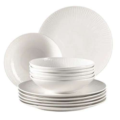 Tafelservice Dalia weiß 12-tlg. - Services - Filigrane Rippenstruktur aus robustem Porzellan, ideal für den täglichen Gebrauch, mikrowellen- und spülmaschinengeeignet.