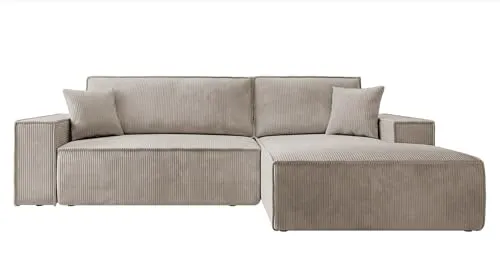 Ecksofa Farese mit Schlaffunktion und Bettkasten - Beige - Sofa mit Cordbezug, ideal für modernes Wohnen, bietet hohen Sitzkomfort und verwandelt sich schnell in ein bequemes Bett, inklusive praktischem Bettkasten für zusätzlichen Stauraum.