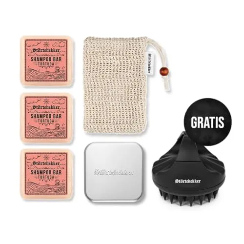 Störtebekker® Premium Duschset - Festes Shampoo Tortuga (x3) mit GRATIS Scalp Brush - Erleben Sie sanfte Reinigung und Pflege mit unserem handgefertigten festen Shampoo. Ideal für unterwegs, kommt es in einer praktischen Dose. Genießen Sie natürliche Düfte und einfache Anwendung für glänzendes Haar.