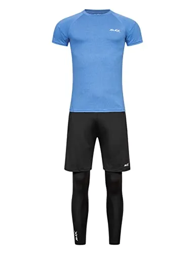 JELEX Sportinator Herren 3-teiliges Fitness-Set bestehend aus Shirt, Leggings und Shorts, für alle Sport- und Fitnessaktivitäten. In den Größen S bis XXL, in Blau, Rot oder Grün (Blau, L)