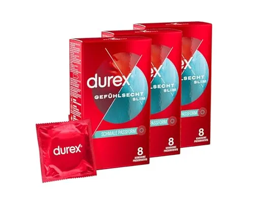 Durex Gefühlsecht Slim Fit Kondome – Hauchzarte Kondome mit schmaler Passform für intensives Empfinden – 3er Pack (3 x 8 Stück)