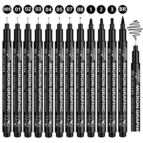 Gelanty Schwarze Fineliner-Stifte Set, 12 Stück, Fineliner, technische Zeichenstifte, Mikro-Liner-Kunststifte für Künstler, Pinselstifte für Kunstskizzieren, technisches Zeichnen, Illustration, Comic