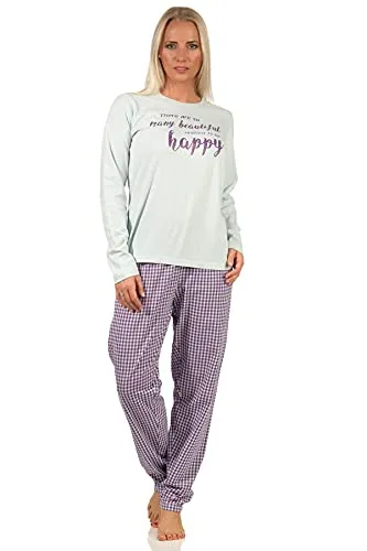 Damen Langarm Schlafanzug Pyjama mit Schriftzug und Karierter Hose - 66536, Farbe:türkis, Größe:40-42