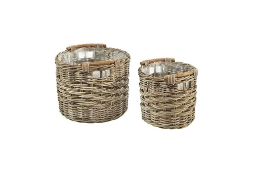 Kobolo Pflanzkübel Pflanzkorb Rattan rund S/2 - 2-teiliges Pflanzkorb-Set aus handgeflochtenem Rattan mit wasserdichter Folie, ideal für Balkon, Terrasse und Innenräume.