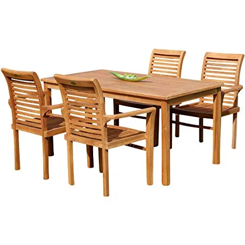 ALEOS. echt Teak Set Gartengarnitur mit 4 Stapelsesseln - Möbelset aus edlem Teakholz, Tisch 150x80 cm und 4 stapelbare Sessel. Robuste Verarbeitung und kontrollierter Plantagenanbau für umweltbewusste Käufer.