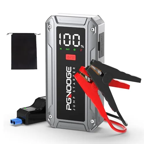 PGNOOGE Starthilfe Powerbank 6000A 26800mAh (bis All Benzin, 10 L Diesel) Auto Starthilfe mit LED-Taschenlampe, großen Bildschirm, Jumper Bildschirm, Autobatterie Booster für SUV Motorrad Rasenmäher