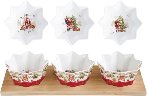 EasyLife Dessertschale CHME2183 - Christmas Memories, 3er SET - 3 stilvolle Porzellanschalen auf einem eleganten Bambusbrett, perfekt für festliche Anlässe. In schöner Geschenkverpackung für besondere Momente.