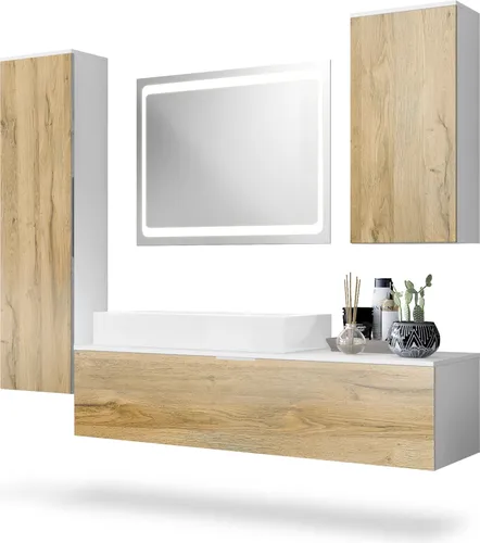 Vladon Badmöbel-Set Beach – Komplettset mit 2 Hochschränken, Unterschrank, LED-Spiegel & Waschbecken - Modernes Badezimmer-Set mit grifflosem Design, LED-Spiegel und leicht zu montierenden Elementen. Ideal für geräumige Bäder – für eine stilvolle und funktionale Einrichtung.