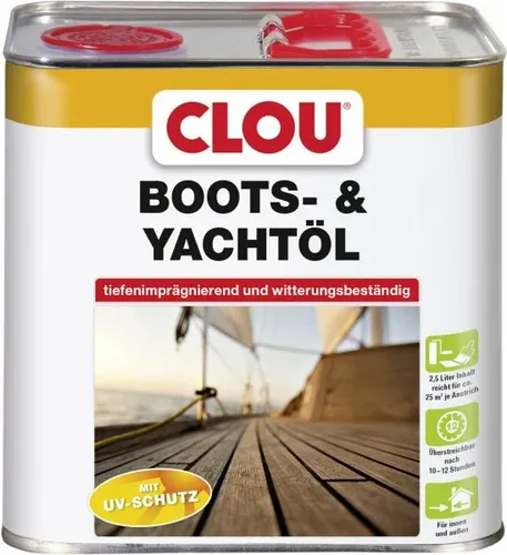 CLOU Boots- & Yachtöl transparent 2,5l - Ölendes Holzöl für Innen & Außen, ideal für Bootsbau und Yachten. Schützt Holzoberflächen mit einem matten, transparenten Finish.