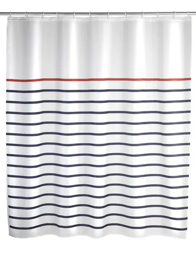 WENKO Duschvorhang Marine 180 x 200 cm - Duschvorhang aus 100% Polyester, waschbar und wasserabweisend. Mit maritimem Design und 12 Ringen zur einfachen Befestigung, ideal für ein stilvolles Badezimmer.