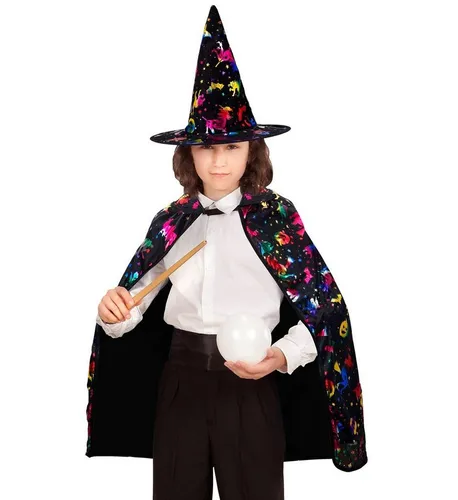 W WIDMANN MILANO Party Fashion - Kinderkostüm Zauberer, Umhang 70 cm mit Hut, mystischer Look für Karneval und Halloween