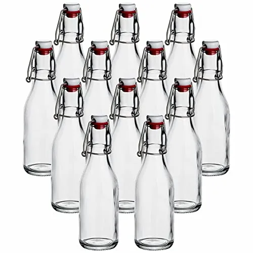gouveo 12er Set 250 ml Glasflaschen rund mit Bügelverschluss - Leere Flaschen zum Befüllen - Luftdicht & Spülmaschinengeeignet - Ideal für Likör, Saft, Öl, Essig, Sirup (BFR250)