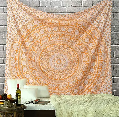 RAJRANG Indischer Mandala Wandbehang - Dekorative Strandtuch Hippie Wandteppich Elefant - 274 x 230 cm - Orange