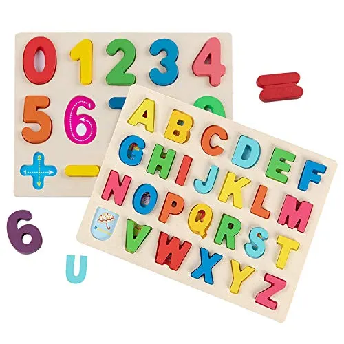 Jacootoys ABC Puzzle Spielzeug Buchstaben und Zahlen 2 Stück Steckspiel Lernen Kinder Spiele Montessori Alphabet Holzpuzzle Geschenk für Mädchen Jungen ab 3 4 5 Jahre
