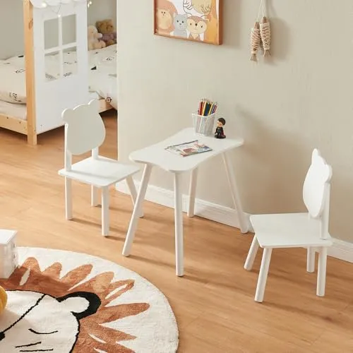 en.casa Kindersitzgruppe »Panjang«, 3-tlg. mit Teddybär-Design - Sitzgarnitur für Kinder, bestehend aus einem Tisch und 2 Stühlen in niedlichem Teddybär-Design, ideal für kreative Aktivitäten im Kinderzimmer.