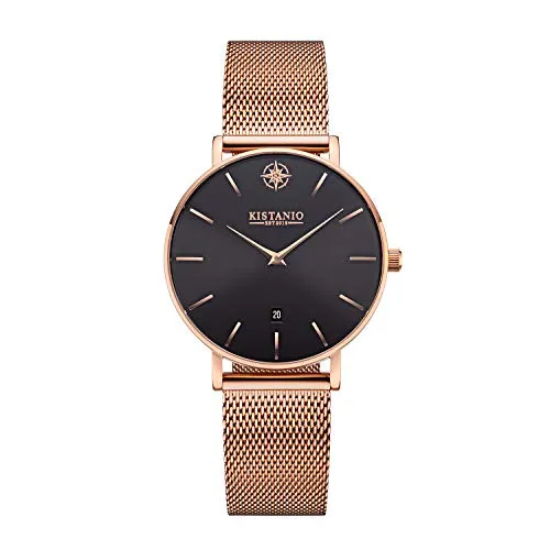Kistanio Petit Damenuhr mit Milanaiseband Datum Edelstahl Rose Schwarz Saphirglas RG-BLKS-M